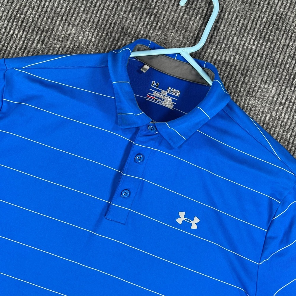 Under Armour Polo Shirt Mens XL Extra Large Blue Striped Short Sleeve Heat Gear